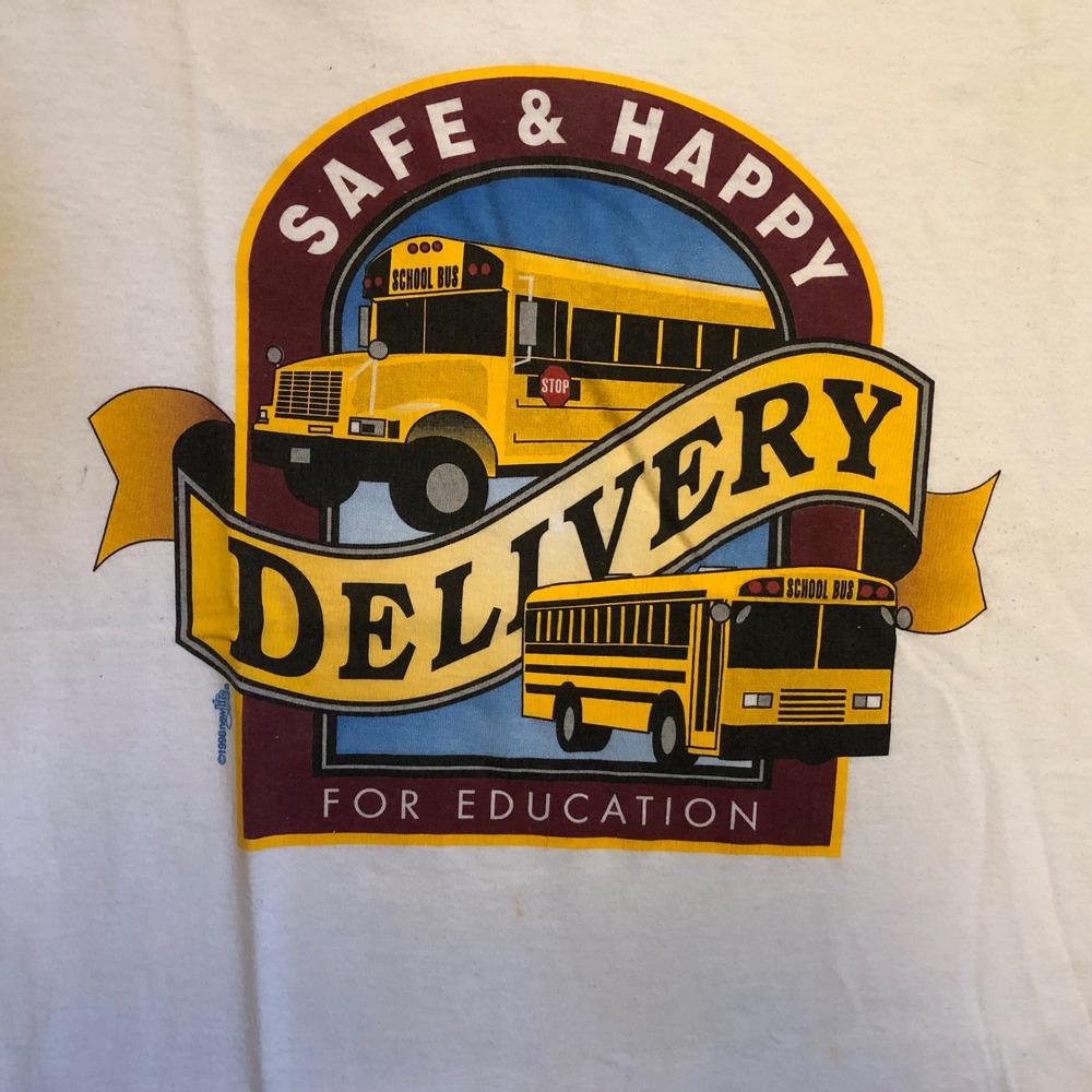 Vintage 1998 Hanes School Bus T-Shirt Mens Large White Safe Happy Delivery 90s - Picture 2 of 9